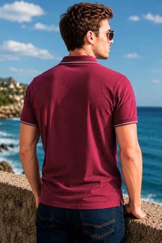 Image of Louis Philippe Men's Slim Fit Single-Tuck Pique Stylized Sleeve Print and Contrast Tipping Half Sleeve Solid Polo Tshirt
