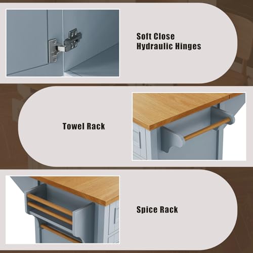 LUMISOL Kitchen Island on Wheels with Drop Leaf, 52'' Embossed Texture Kitchen Island Cart with 5 Drawers and 2 Doors, Rolling Kitchen Island with Spice Rack and Towel Rack for Kitchen, Blue Grey