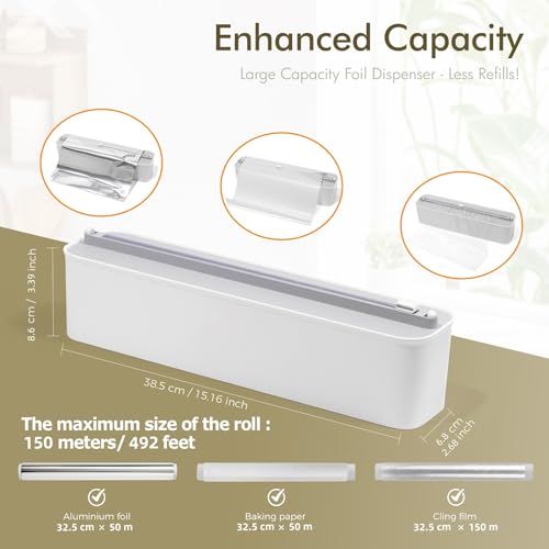 Quasziwa Aluminum Foil & Plastic Wrap Dispenser with Cutter - Magnetic & No-Drill Wall Mount, Cling Film Dispenser for Countertops & Cabinets, Space-Saving Kitchen Organizer - Fits 150 m Rolls, White by Quasziwa - Used condition - Image 6