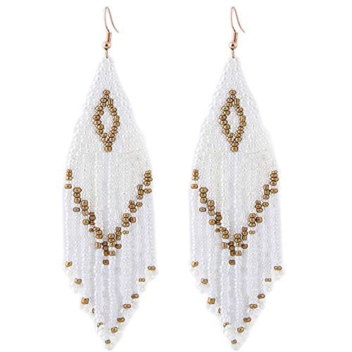 Native American Beaded Earrings Jewelry for Women Oversized Handmade Seed Long Beaded Drop Earrings with Hook for Gift (White)