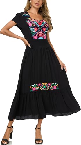 Image of Women's Summer Maxi Dress Casual Floral Embroidered Round Neck Short Sleeve Ruffle Tiered Dress Flowy Boho Beach Sundress