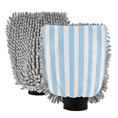 Kigai Blue Stripe Car Wash Mitt Microfiber, 2Pcs Scratch Free Lint-Free, Premium Chenille Microfiber Mitt Car Wash Brush-L