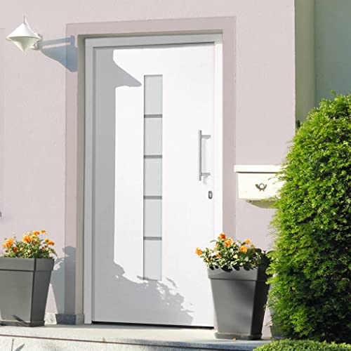 Kaloriko Puerta de entrada de aluminio y PVC, color blanco, 100 x 210 cm, con 5 bloqueos, aislamiento térmico, aislamiento acústico, herrajes de seguridad, marco de acero galvanizado y umbral de
