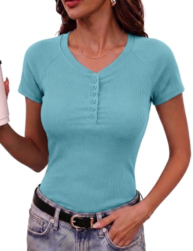 Wayleb Camiseta Básica Mujer Acanalada Elástica para Verano