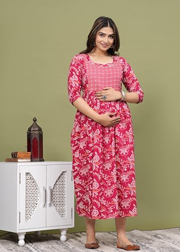 Image of Women's Feeding Kurta Cotton | Floral Anarkali Pregnancy Kurta with Nursing Zipper | Pre & Post Partum | Maternity Dresses | Mom to Be Gift