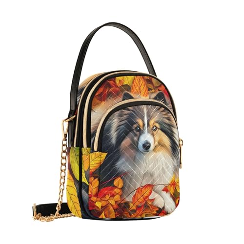 Dog Autumn Leaves Women Single Shoulder Purse Quilted Phone Wallet Chain Strap Purse Cute Zipper Lady Crossbody Bag2