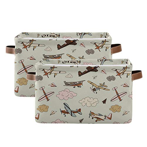 Image of AUUXVA Storage Basket Vintage Retro Aircraft Airplane Shelf Basket Indoor Canvas Storage Bin Toys Organizer Box with Handles for Kids Room Kitchen Office Desk 2 Pcs
