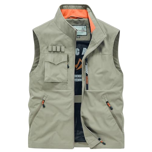 Men's Outerwear Fishing Vest Softshell Travel Work Safari Utility Cargo Vest Casual Sleeveless Jacket (US, Alpha, Large, Regular, Regular, Khaki