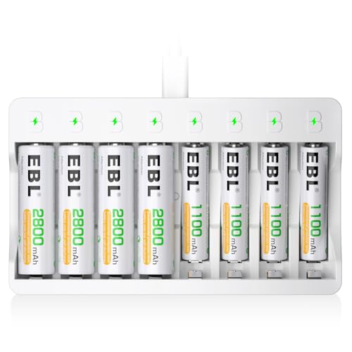 EBL Cargador Rápido de Pilas con 4 x AA 2800mAh y 4 x AAA 1100mAh, Cargador Inteligente LED Ni-MH...
