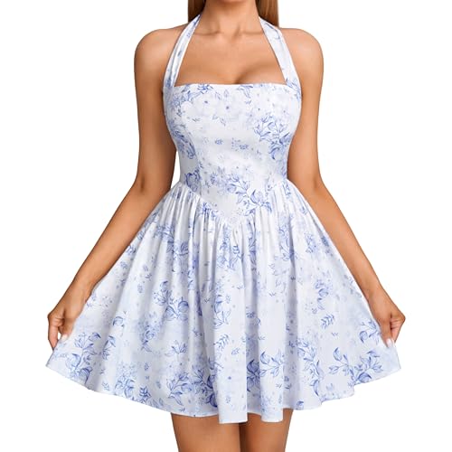 Image of Parthea Women's Floral Halter Mini Corset Dress Sleeveless A Line Flowy Cute Party Graduation Dress