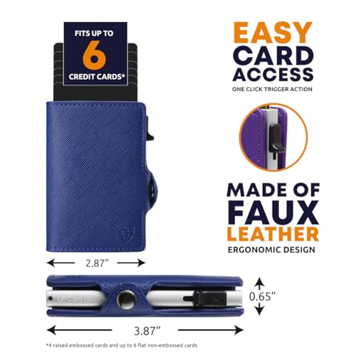 Womens Slim Wallet for Small Purses, Pop Up Wallet with Anti Theft RFID Blocking Credit Card Holder for Women in Navy Blue PU Saffiano2