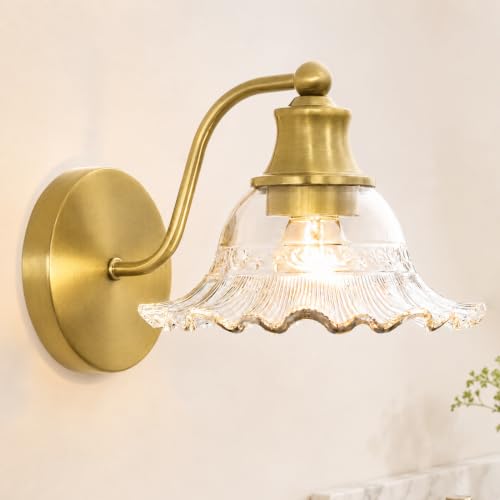 Image of Bright Brushed Gold Bathroom Wall Sconce Vintage Style, E26 Easy Mounted | Vanity Light with Flower Glass Shade, Bathroom Wall Lighting Fixture Beside Mirror, Easy Mounted for Bedroom, Hallway