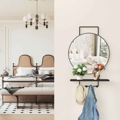 Image of BEAUTME Wall Mirror with Shelf and Hooks, 30x20 Inch Metal Framed Round Bathroom Mirrors with Shelf, Modern Farmhouse Wall Decor for Living Room Bedroom Entryway, Vertical (Black)