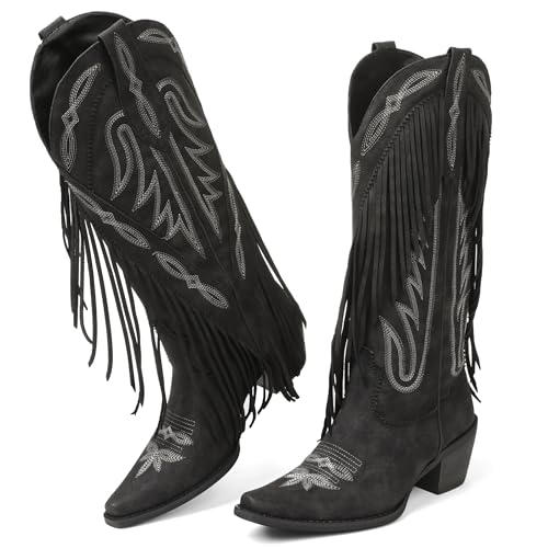 Image of Cowgirl Boots for Women Retro Pointed Toe Pull On Block Chunky Heel Embroide Tassel Country Concert Outfits Mid Calf Western Fringe Cowboy Boots
