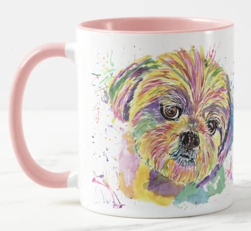 Vixar Shih Tzu Dog Pet Watercolour Rainbow Art Coloured Mug Cup Gift Birthday Work Office Christmas Tea Coffee (Pink)