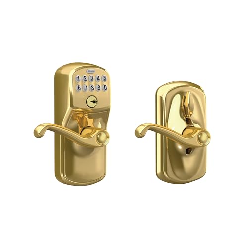 SCHLAGE FE595 PLY 505 FLA Plymouth Keypad Entry with Flex-Lock and Flair Style Levers, Bright Brass