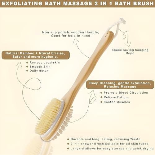 Image of KIMEE 2-in-1 Natural Bristle Bath Brush with Long Wooden Handle & Detachable Head - Back Scrubber for Shower, Dry Brushing, Exfoliating Skin Care, Cellulite Reduction & Deep Cleansing Spa Tool