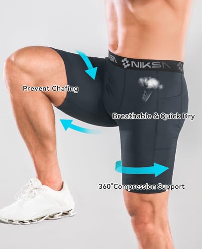 Image of Niksa 1 /2 Pack Mens Compression Shorts with Pocket, Performance Spandex Athletic Sports Workout Running Underwear Shorts
