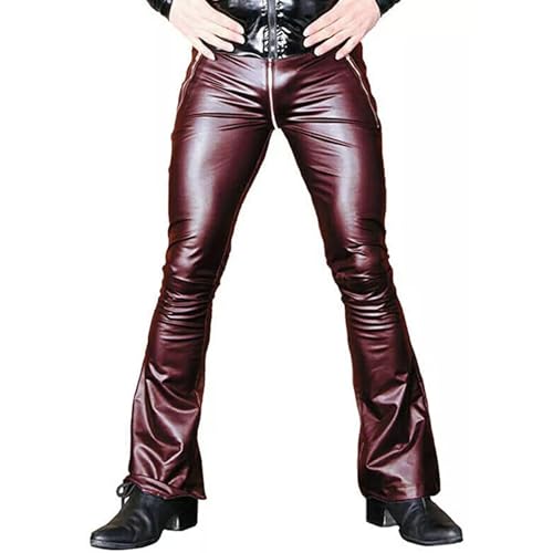 Men's PU Leather Leggings Zipper Crotch Long Pants Bell-Bottoms Motorcycle Flared Trousers