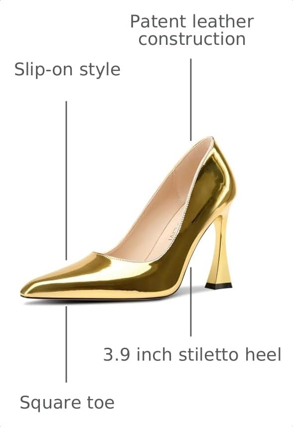 Image of HDEUOLM Womens Stiletto High Heel Square Toe Pumps Slip-on Office Dress Patent Leather 3.9 Inches Heels
