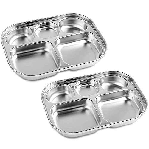 Stainless Steel Divided Plates Tray, 5 Section, Kids Toddlers Babies Small Size, Compact Serving Platter, Dinner Snack, Camping Dishes (2 Pack) #TOP27