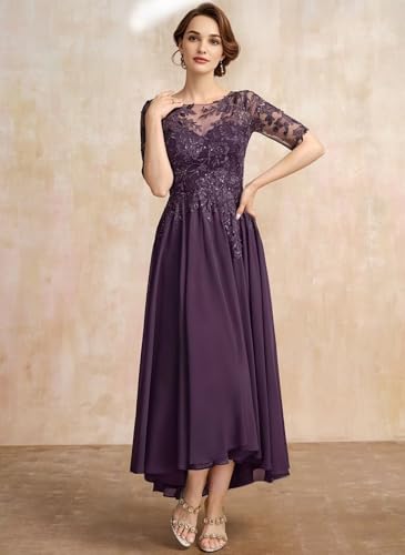 Image of Mother of The Bride Dresses Short Sleeve Lace Appliques Chiffon Formal Evening Dresses for Women IMR040