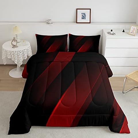 Homewish Abstract Ombre Comforter Set,Red and Black Bedding Set for Kids Girls Women,Adults Geometry Stripes Comforter,Modern Fashion Quilted Duvet Set Bedroom Collection Twin Size 2Pcs Cover