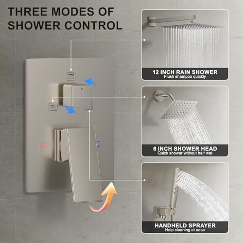 FAROLAN Shower Faucet Set Wall Mount Shower System 12-inch & 6-inch Dual Shower Head Set with 2 in 1 Handheld Spray Rain Shower Faucet with Rough-in Valve and Shower Trim Kit Brushed Nickel by FAROLAN - Used condition - Image 4