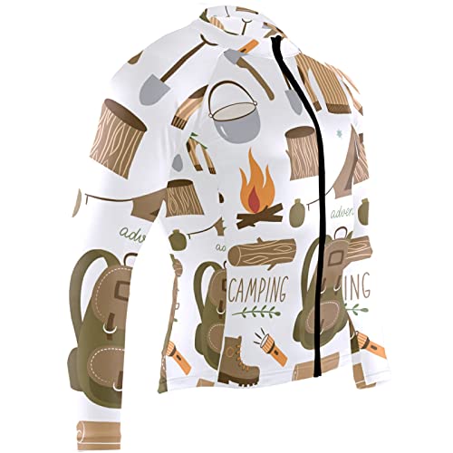 Set of Camping Equipment Icon Set Tent Bonfire on White Men Cycling Jersey Quick Dry Road Bike Clothes Riding Shirts Long Sleeve Outfit Icycle Motocross Full Zipper Jacket(S)