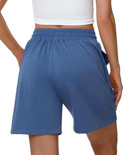 Cowasto Womens Cotton Sweat Shorts Casual Summer Loose Athletic Short Drawstring Waist Lounge Running Shorts with Pockets Blue4