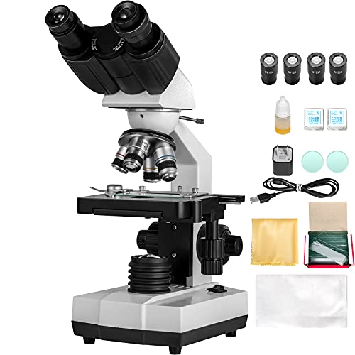 VEVOR Binocular Compound Microscope, 40X-2500X Magnification Binocular Lab Microscope, WF10X & 25X Eyepieces Lab Compound Microscopes w/LED Illumination, Double Layer Mechanical Stage, Abbe Condenser