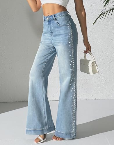heipeiwa Women's Pearl Rhinestone Jeans Wide Leg Baggy Denim Pants High Waist Sparkle Shiny Sequin Trouser4