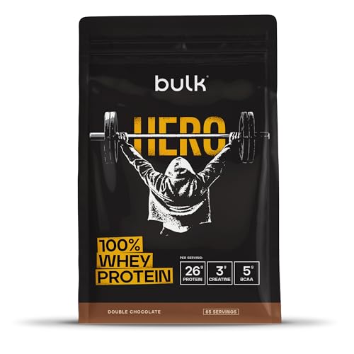 Bulk Hero Whey Proteína en Polvo | Doble Chocolate | 65 Porciones | 26g Proteína + 3g Creatina | 5g BCAA | Bajo en Azúcar | Absorción Rápida | Aislado, Hidrolizado & Concentrado