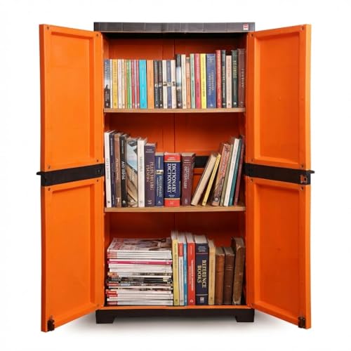 Image of Cello Novelty Big Bookshelf, Orange & Brown | 2 Dustproof Doors | Space Saving Cupboard | Plastic Book Shelf | Multipurpose Book Shelf for Home, Office | Book Organizer for Library