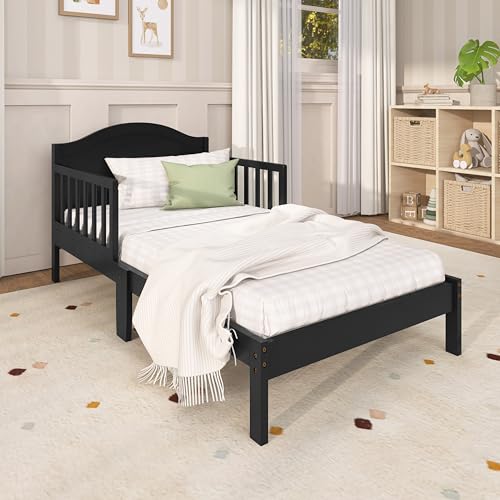 Image of Dream On Me Sydney Toddler Bed, GREENGUARD Gold, Pinewood, Black | Solid Arched Panel, Low to Floor Bed, 2 Safety Guard Rails, Sturdy Wooden Frame, 50 Lb Limit, BSA Verified