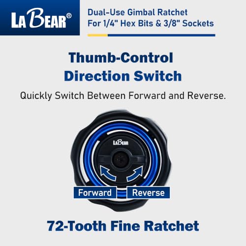 Image of LABEAR 360 Dual-Use Finger Ratchet, 3 /8 inch Drive & 1 /4 inch Hex Bit | Pocket-size control, dual-direction thumb switch, 5 swing arc, S2 steel tips, magnetized fit, compact blue storage holder