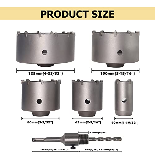 Dehuiwi 6 Pcs Concrete Hole Saw Kit, 5 Inch Sds Plus Max Drill Bits Shank Hammer Drills For Brick, Masonry Hole Saw Kit Size 40 65 80 100 125Mm For Brick, Masonry Tungsten Steel Sds Plus Coring Bits #TOP1
