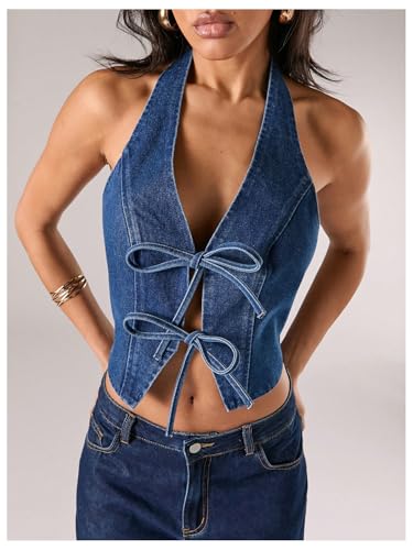 SweatyRocks Women's Bow Backless Denim Halter Top Tie Front Sleeveless Crop Tank Tops3