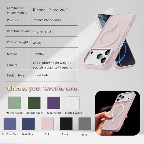 Image of Magnetic for iPhone 17 Pro Phone Case, [Compatible with MagSafe], Screen Protector X1, [Military Grade Drop Protection],Matte Finish,Slim,Shockproof,Protective (Pink, iPhone 17 PRO)