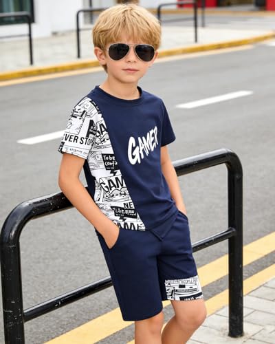 Image of OLMRJKD Boys 2 Piece Outfits Short Sleeve Colorblock T-shirt and Shorts Summer Casual Clothes for 6-12 Years