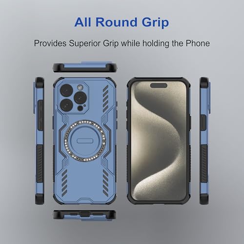 Image of amazon basics Back Case Cover for iPhone 15 Pro Max | Magnetic Case with Built-in Metal Ring | Supports Mag-Safe Charger, Wallet & Car Mount | Shockproof Hybrid PC + TPU | Blue