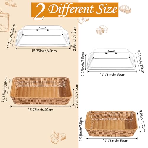 Ziliny 2 Set Wicker Bread Baskets for Serving with Acrylic Lids Woven Imitation Rattan Bread Basket Rectangular with Cover for World Baking Day Fruit Food Serving(15.75