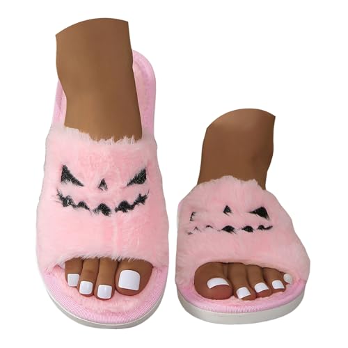 Halloween Slippers For Women 2025 Spooky Slides Lantern Pumpkin Soft Plush Cozy Open Toe Indoor Outdoor Fuzzy Holiday Slipper For Girlfriend