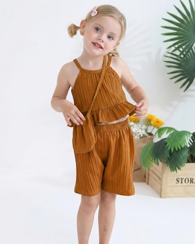 Image of Weebaby Toddler Girl Clothes Baby Summer Outfits Sleeveless Halter Top Ruffle Short Set Cute Kids Clothes Girls