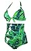 COCOSHIP Bottle Green Banana Leaf & White Print Halter High Waisted Two Piece Bikini Gorgeously Dressed Vintage Bathing Suit XXXL(FBA)