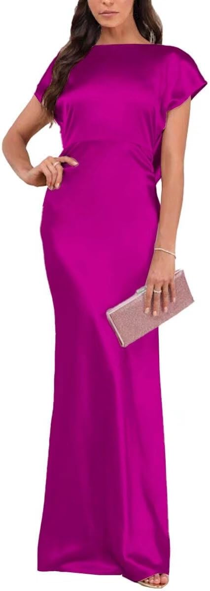 Satin Cap Sleeve Wedding Guest Dresses for Women Mermaid Cowl Back Cocktail Dress Elegant Ruched Waist Evening Long Dress