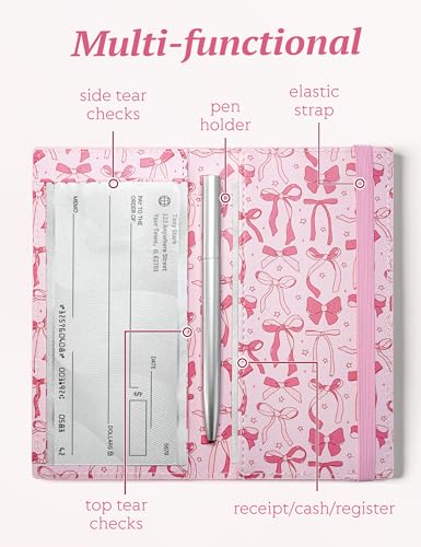 Image of Yarnic Checkbook Cover for Personal Checkbook Holder with Pen Holder & Built-in Clear Plastic Divider for Duplicate Checks (Pink Bow)