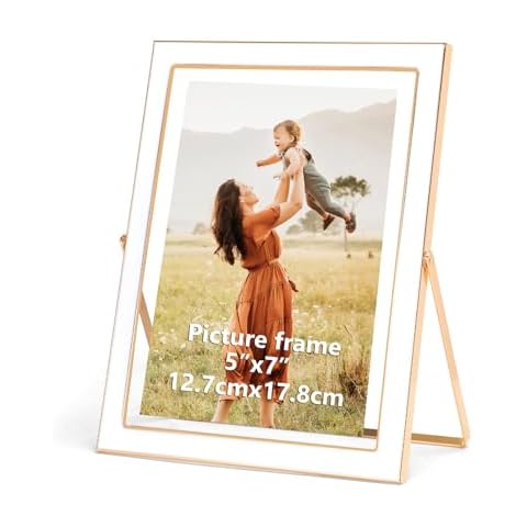 Lyeasw 5x7 Floating Picture Frame, White Photo Frame with Gold Metal Edging for 4x6, 5x7 up to 6x8 Picture, Tempered Glass Frame for Desk Vertical Display Cover