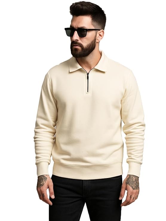 rodzen Men's Cotton LoopKnit Spread Collar Neck Line Zipper Closure Full Sleeves Solid Regular Fit T-Shirt-picture-7
