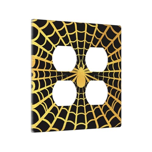 Decorative Outlet Covers Black Background with Golden Spiderweb Spider 2 Gang Outlet Cover Wall Plate Double Duplex Light Switch Cover Plate Switch Plate Covers